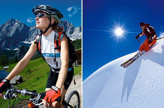 left: mountain biking; right:skiing in the Arlberg