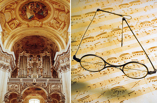 left: Bruckner Organ in St. Florian near Linz; right: Glasses of Franz Schubert