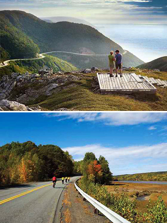 top: hikers viewing the Highland Trail; bottom: cycling in Bear Rivver
