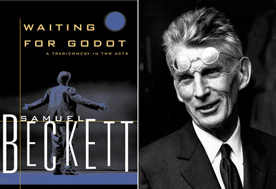 Samuel Beckett and the cover of his book, 'Waiting for Godot'