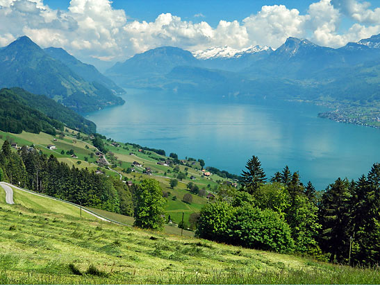 panoramic view of Lake Lucerne and surrounding mountains from Villa Honegg, the Canton of Nidwalden