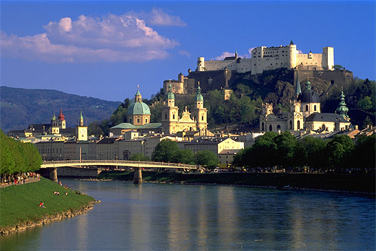 Salzburg: view of the old town and fortress with the River Salzach in the foreground