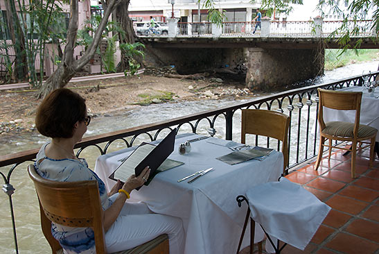 diner scanning the menu, Le Bistro Jazz Cafe