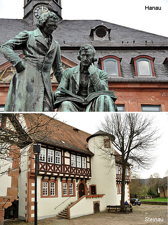 top: statue of the Brothers Grimm in Hanau. Germany; bottom: former home of the Brothers Grimm in Steinau, now a Grimm museum