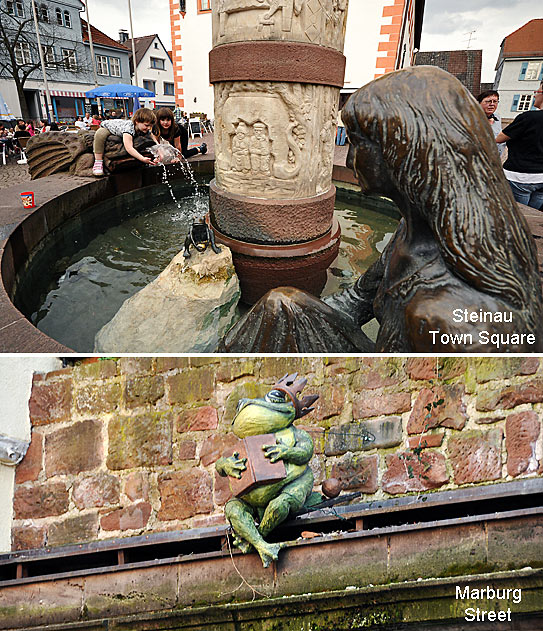 top: Steinau town square with statue of maiden contemplating a frog; bottom: figure of a frog from the Brothers Grimm Fairytale Stories on a street in Marburg