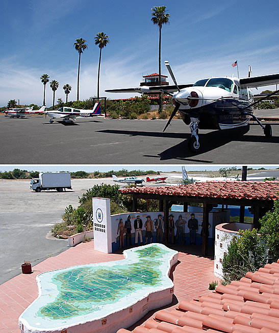 top: planes at the Airport in the Sky, Catalina Island; bottom: the DC3 restaurant aty the airport