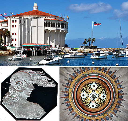 top: the Avalon Casino, Catalina Island; bottomk: two artifacts on display at Avalon Casino