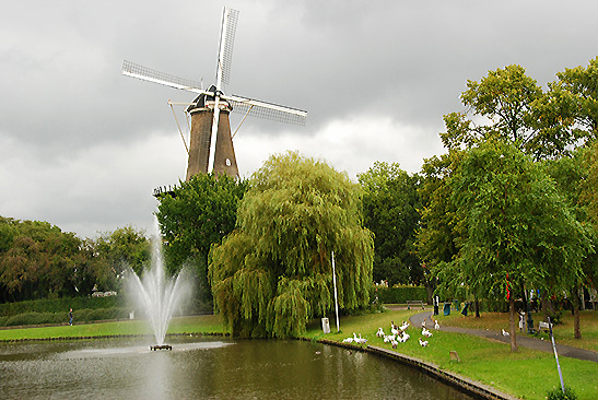 windmill and fountain in Leiden, Netherlands