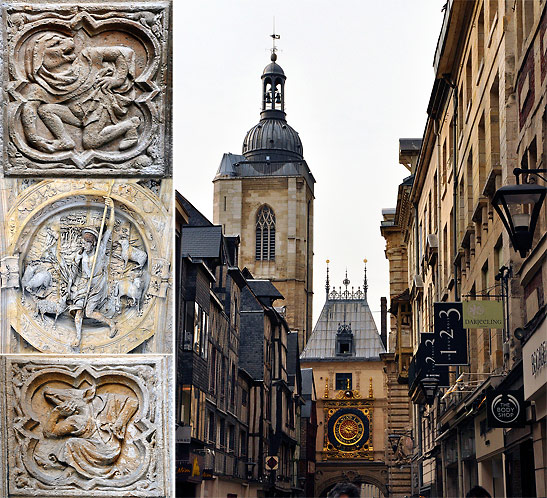 left pictures: bas relief at the Rouen Cathedral; view along narrow street leading to Rouen's Gros-Horloge or Great Clock
