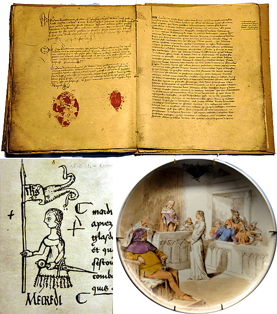 artifacts at the Joan of Arc museum in Rouen showing clockwise from top: manuscript describing Joan of Arc's trial and execution, commemorative artwork on a china plate and an ancient tapestry about Joan of Arc