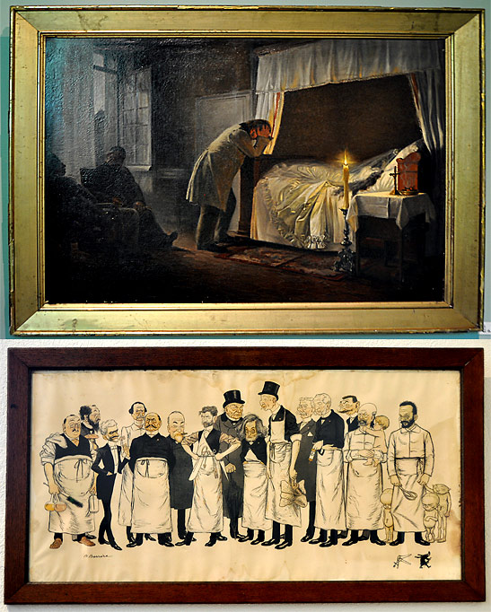 top: painting depicting Madame Bovary’s death bed; bottom: cartoon of the main figures in the medical school around 1900-05 - both at the Flaubert and medicine history museum, Rouen