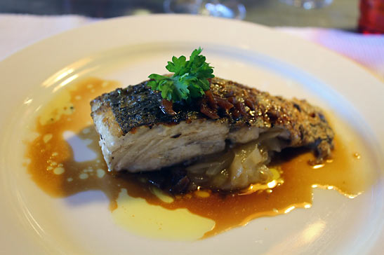 crusted skin-on hake filet with balsamic and oil sauce