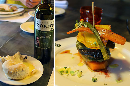 Hacienda Zorita's olive oil and bread and a 'Parrillada' or a tower of roasted vegetables