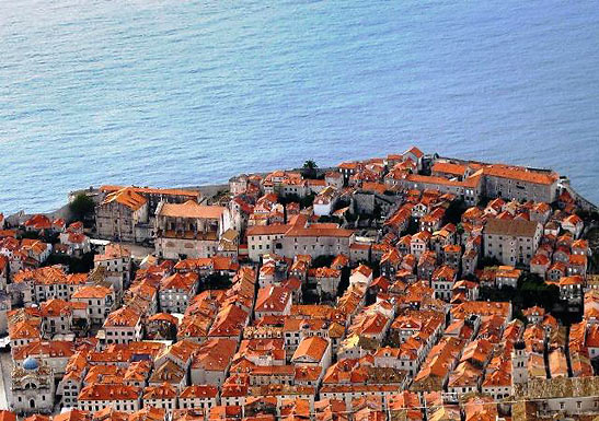 overhead view of the Old Town of Dubrovnik with the Adriatic Sea in the background
