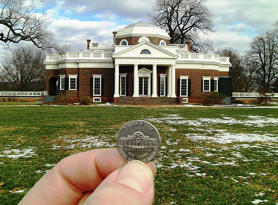 nickel showing Monticello, with Monticello - the Thomas Jefferson residence - itself in the background