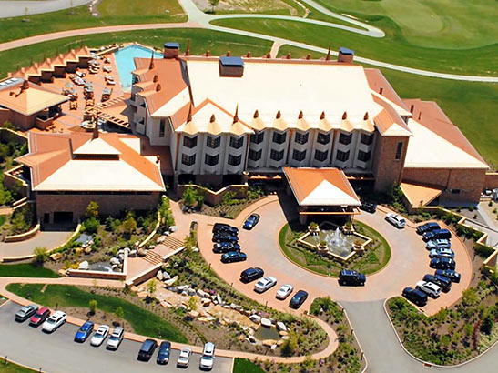 aerial view of the Frank Lloyd Wright-inspired 42-room boutique Falling Rock Hotel