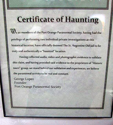 a Certificate of Haunting, issued by the Port Orange Paranormal Society