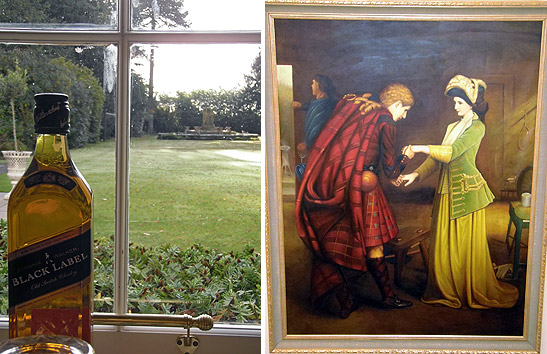 left: whiskey bottle and view of Pittormie Castle grounds from a window; right: one of the paintings in the Pittormie Castle collection