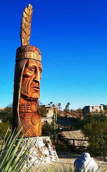 sculpture of a Native American near Cabot's Pueblo Museum