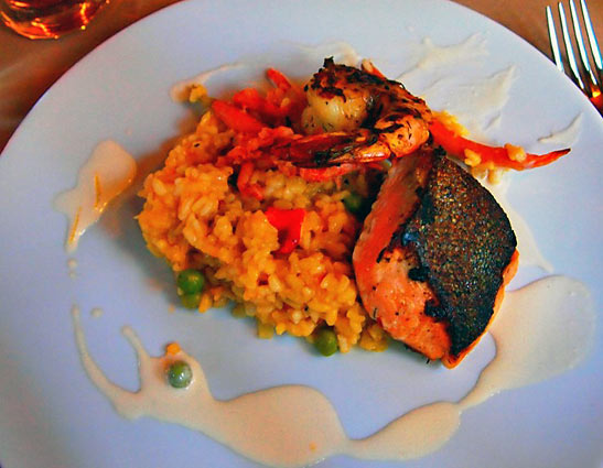 Griddled Salmon, with lobster claw meat and giant prawn risotto, Drakesbad Guest Ranch