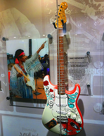 guitar owned by Jimi Hendrix on display at the Fender Guitar Factory Tour and Visitor Center, Corona, CA