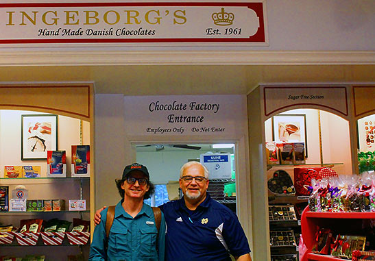 the writer at Ingeborg's Danish Chocolate Factory with owner Kim Jensen