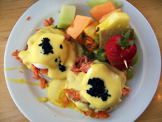 breakfast of eggs benedict, made with local salmon and caviar, at Klondike Kate’s
