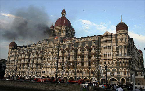 firetrucks battling the blaze at the Taj Mahal Hotel