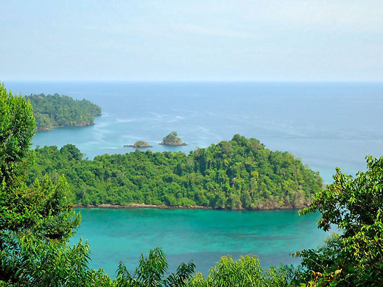 view of Coiba Island coastline from a hill