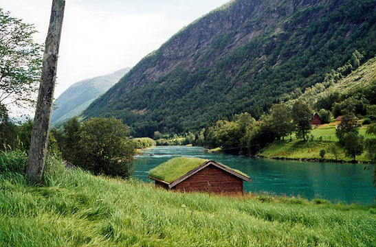 hut on the banks of a lake in Stryn, Norway