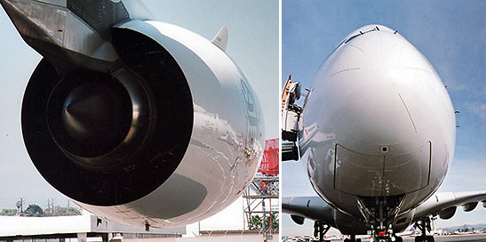 one of the Airbus A380's engines and a noseview of the aircraft