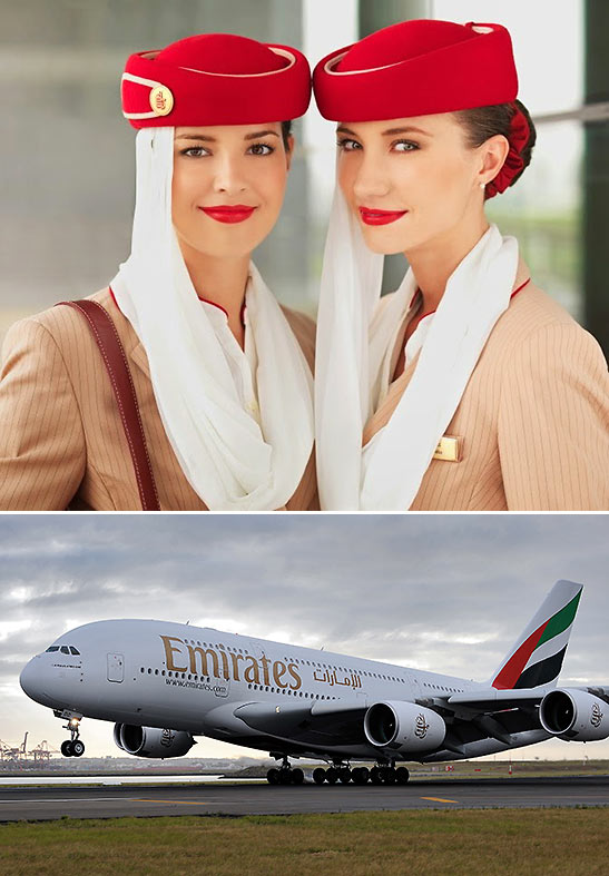 Emirates Airbus A-380 and flight attendants