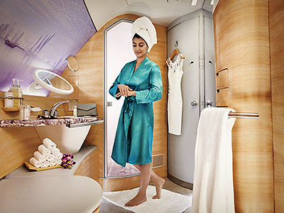 a shower at First Class on Emirates' A-380