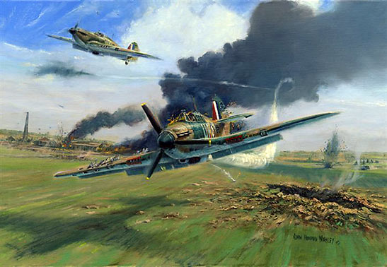 painting of Billy Fiske bringing his damaged Hurricane fighter in for a landing