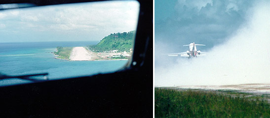 view of Chuuk runway from approaching Boeing 727; view of Boeing 727 taking off from same runway