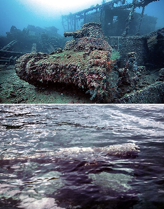 Japanese tank at the bottom of the Truk Lagoon; large gun near the surface of the water