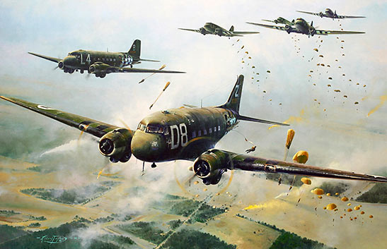 painting of DC-3's/C-47s dropping paratroopers near Arnhem