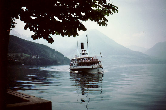 Swiss steamer coming in to pick up passengers