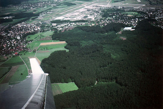 aerial view of Zurich airport in the background from author's Swiss Air flight