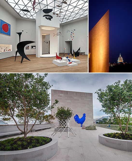 the Calder gallery, the exterior of the Gallery building and the Capitol and the Hahn/Cock