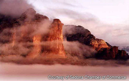 red rocks of Sedona shrouded by mist
