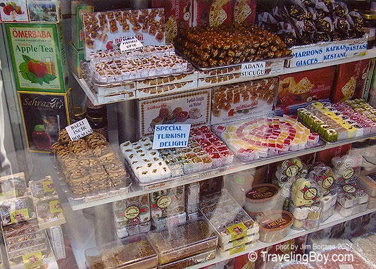 Turkish sweets on display in a shop