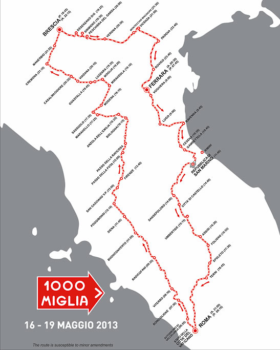 route map of the Mille Miglia or 1,000 Mile Race