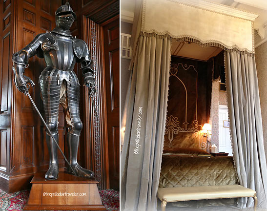 16th century armor and four-poster bed at teh writer's suite at Ashford Castle