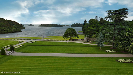 view of the castle grounds and Lough Corrib from the writer's room at Ashford Castle