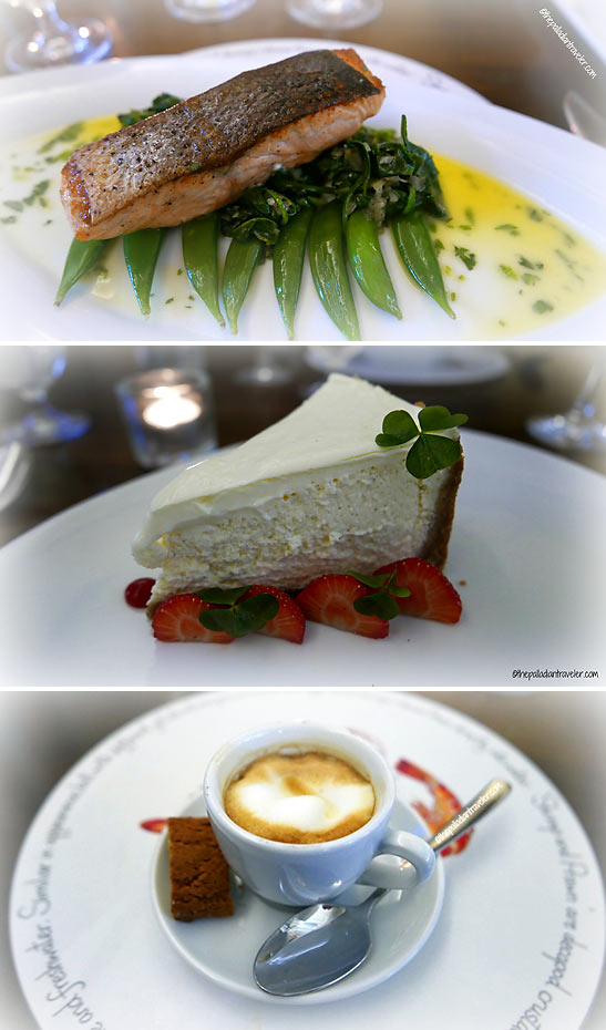 griled Irish salmon, Ms. Tollman's signature cheesecake and coffee at Cullen's 