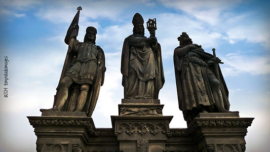 three of the 30 religious statues and statuaries that line both sides of the Charles Bridge