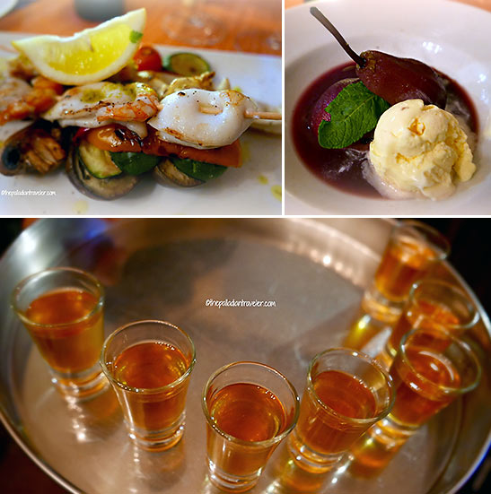 more dishes at the Konobo Dalmatino: skewered squid and prawns, local pears marinated in red wine topped with vanilla ice cream and shots of rakija fig brandy