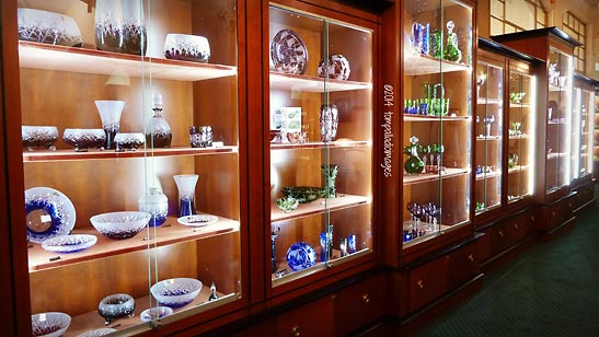 glass products on display at cabinets, Karlova Crystal Shop, Prague