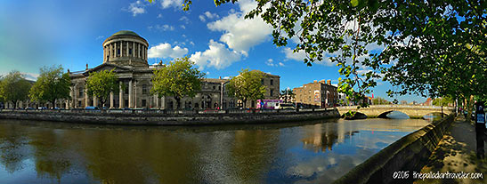 the Dublin Four Courts along the River Liffey and the O'Donovan Rossa Bridge